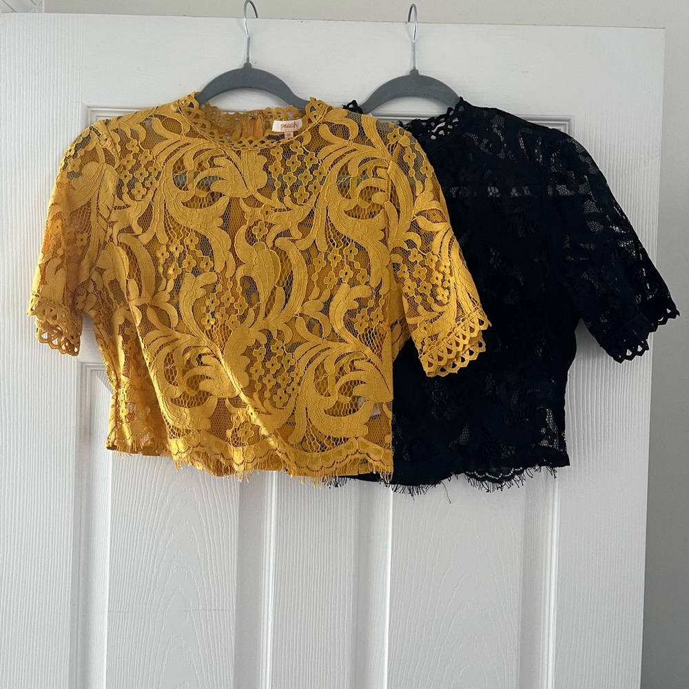 Yellow and Black Lace Crop Tops